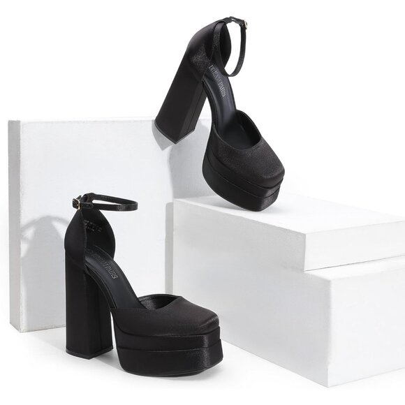 Dream Pairs Women Black-satin Faux Leather Closed Toe Chunky High Heels Platform - Picture 4 of 9